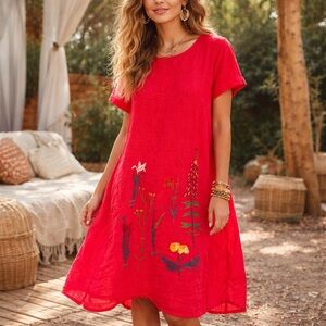 Vibrant Red Linen Blend Midi Dress Floral Embroidered Cottagecore Boho Lagenlook